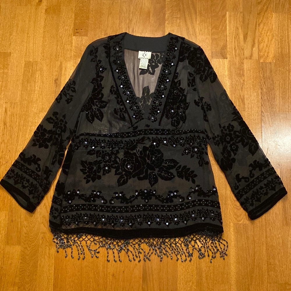 ICE Vintage Beaded Fringe V-Neck Blouse